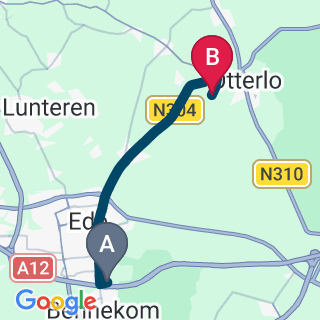 Kaartje van de route van Brugkamp Bennekom naar Kinderkamp Otterlo