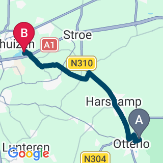 Kaartje van de route van Jeugdkamp Otterlo naar Tienerkamp Voorthuizen