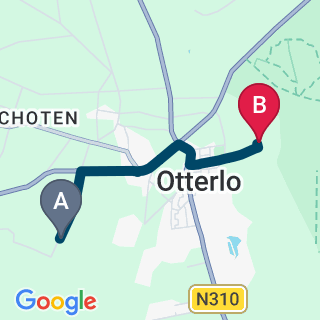 Kaartje van de route van Kinderkamp Otterlo naar Jeugdkamp Otterlo