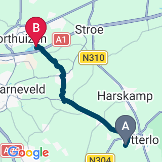 Kaartje van de route van Kinderkamp Otterlo naar Tienerkamp Voorthuizen