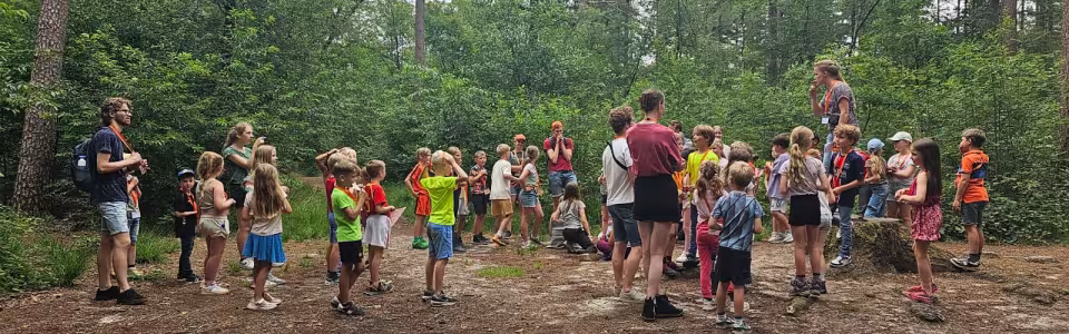 Deelnemers spelen een spel op het zandveld in het bos