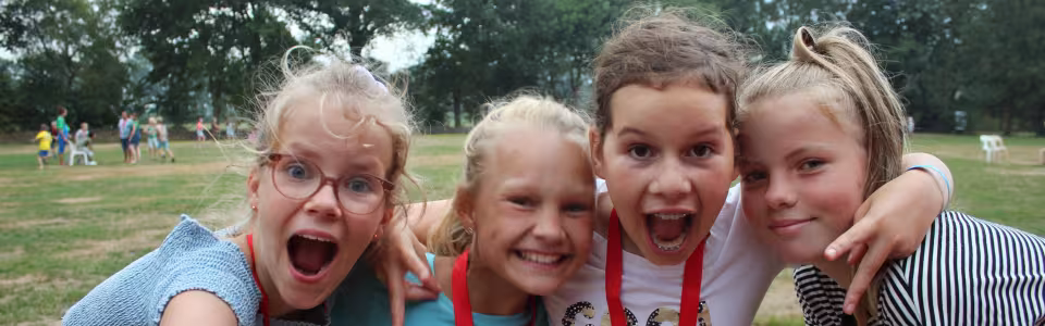 Vier vriendinnen lachen en poseren arm in arm op het kampveld