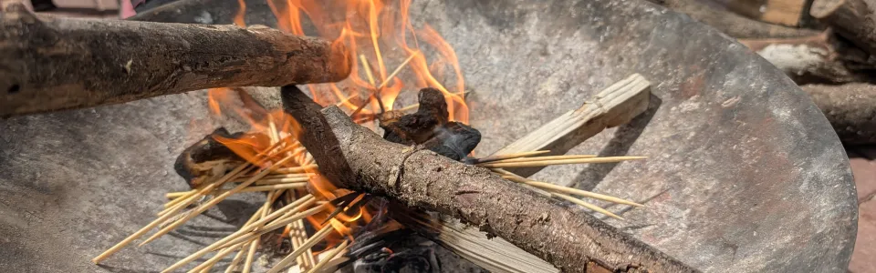 Kinderen maken samen een knapperend kampvuur in de vuurschaal
