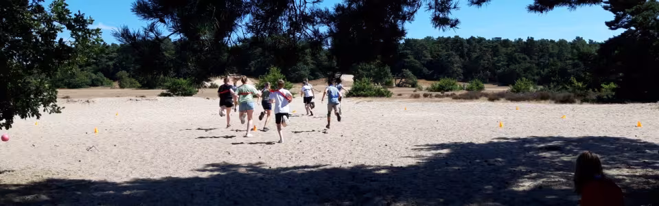 Deelnemers rennen over een zandvlakte op de Veluwe
