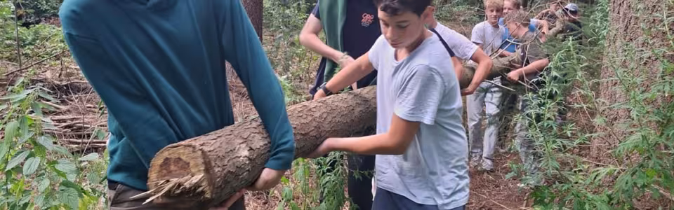 Tieners dragen samen een zware boomstam door het bos