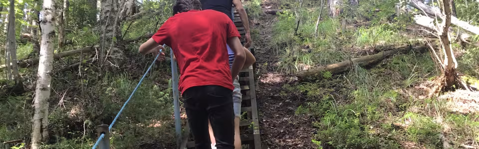 Deelnemer loopt een houten trap op in het bos