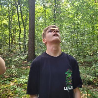 Deelnemer kijkt omhoog in het bos