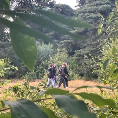 Deelnemers op een bospad tussen de bomen
